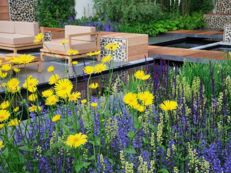 decoracion jardin amarillo colores muebles maderas