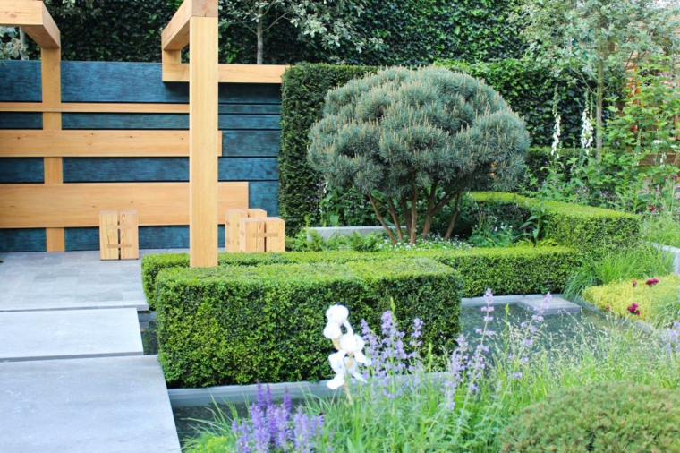 decoracion jardin formas geimetricas claras acero