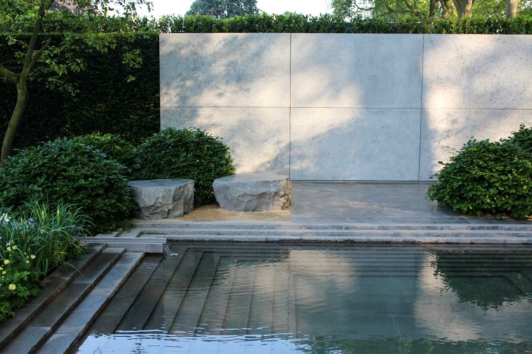 decoracion jardin paredes metal concreto piscina
