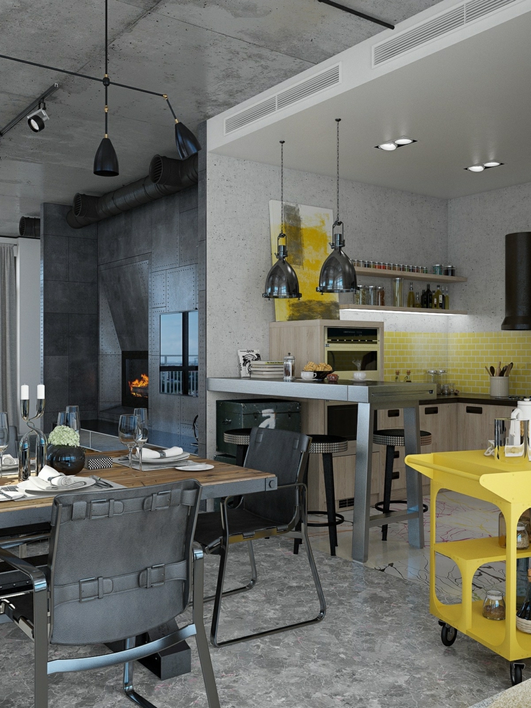 disenos de cocinas estilo industrial detalles amarillo ideas