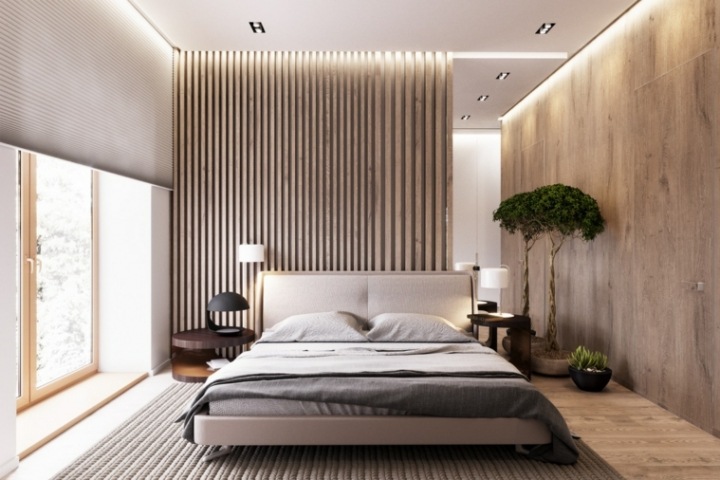 Paredes de madera en el dormitorio para crear un efecto cálido