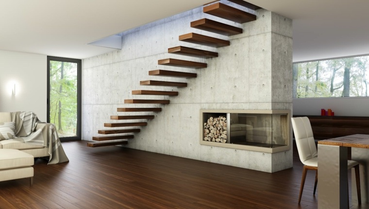 escaleras de interior modernas peldanos flotantes madera ideas