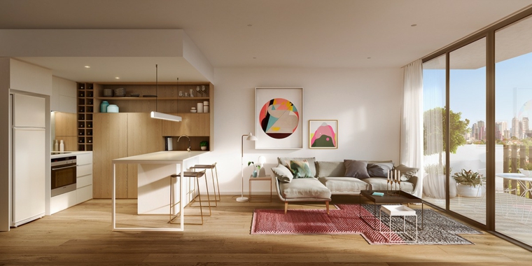 idea de la cocina contemporánea con gabinetes de panel plano apartamento cocina salon espacio abierto ideas