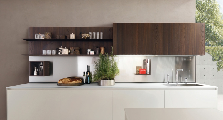 una mezcla de madera y armarios blancos cocina diseno contemporaneo puertas madera oscura ideas