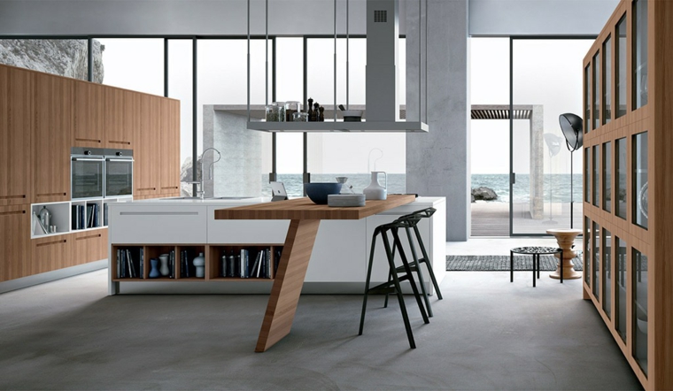 una cocina en la que se ve el contraste cocinas blancas modernas barra original madera ideas