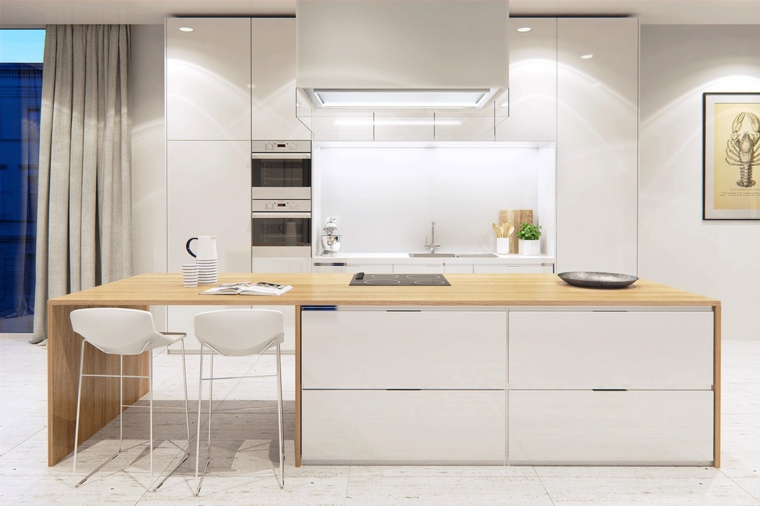 elemento natural en la cocina cocinas blancas modernas isla espacio almacenamiento madera ideas