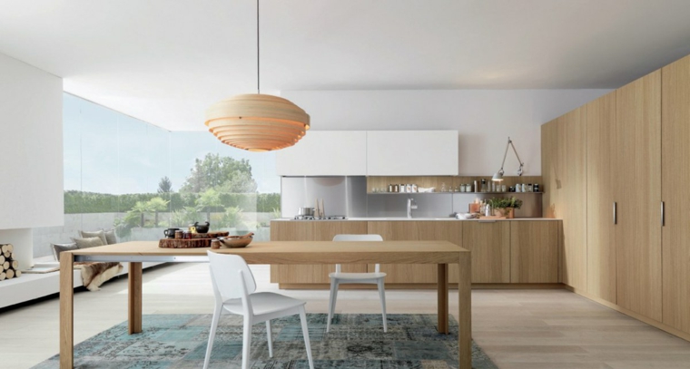 armario de madera muy grande cocinas blancas modernas mesa grande madera ideas
