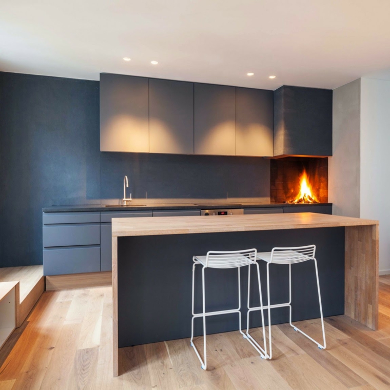cocinas con isla chimenea estilo moderno ideas