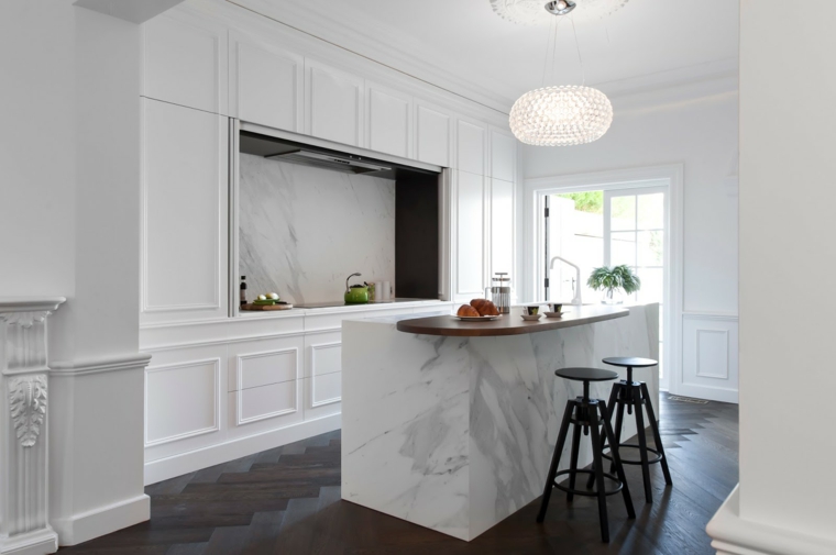cocina con diseño simple isla marmol cocina blanco diseno estilo ideas