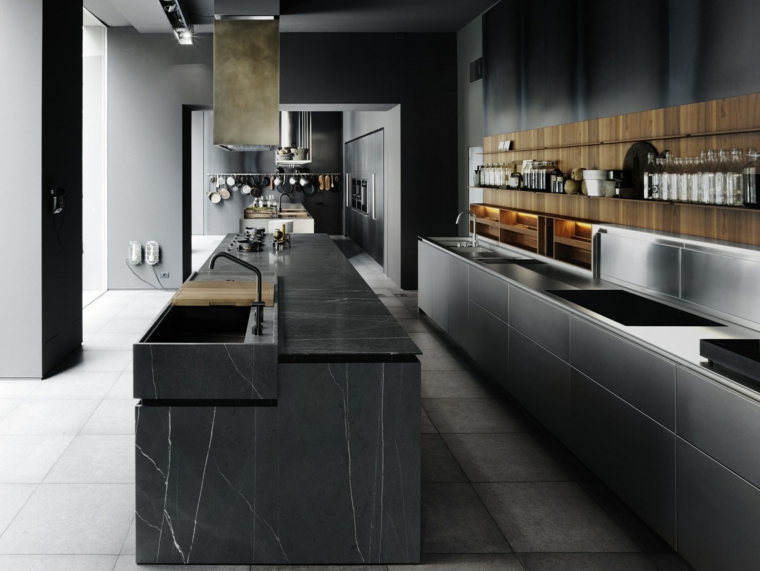 cocina con isla negra marmol negro cocina diseno Pier Lissoni ideas