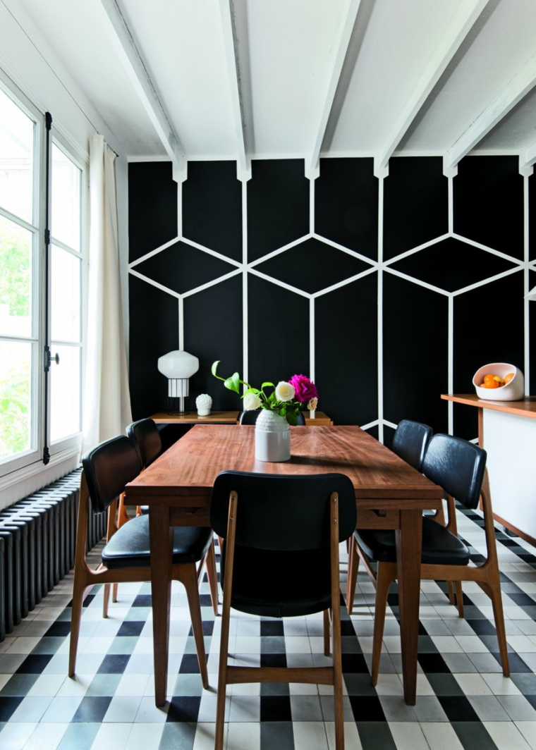 comedor-diseno-blanco-negro-pared-bella-estilo-geometrico