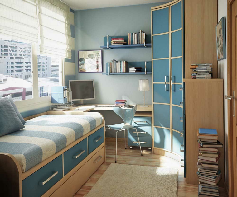 habitacion-azul-madera-armario-esquina-diseno-moderno