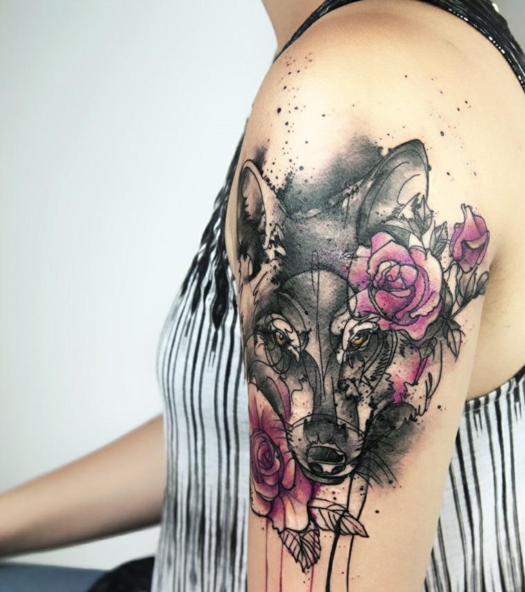 tatuajes de lobos-brazo-acuarela-flores