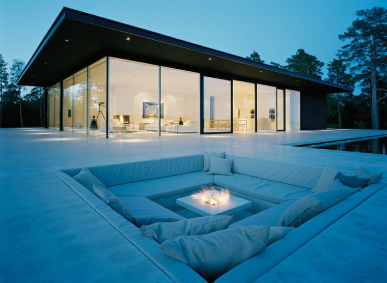 salón ideas creativas-jardin-pozo-fuego-blanco
