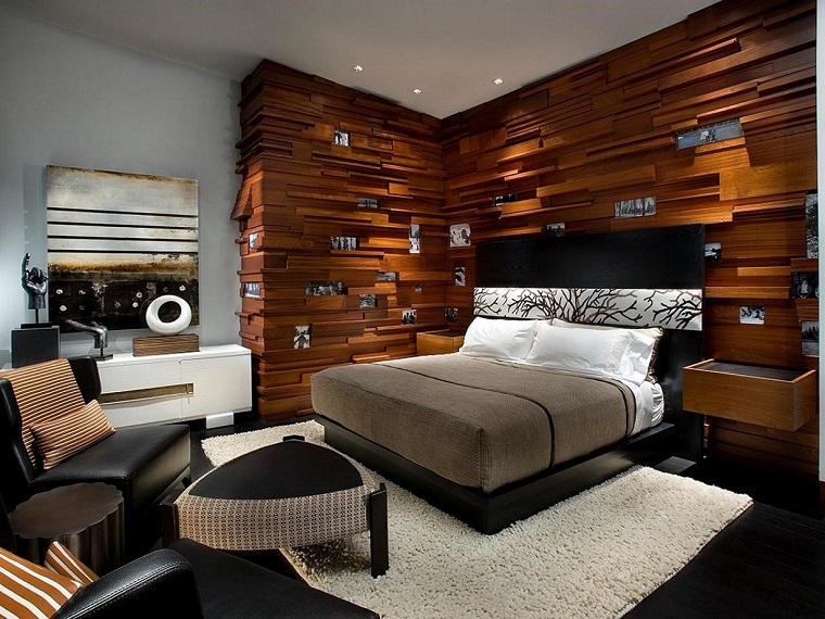 dormitorios con pared de madera