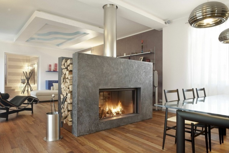 diseño de salón con chimenea moderna