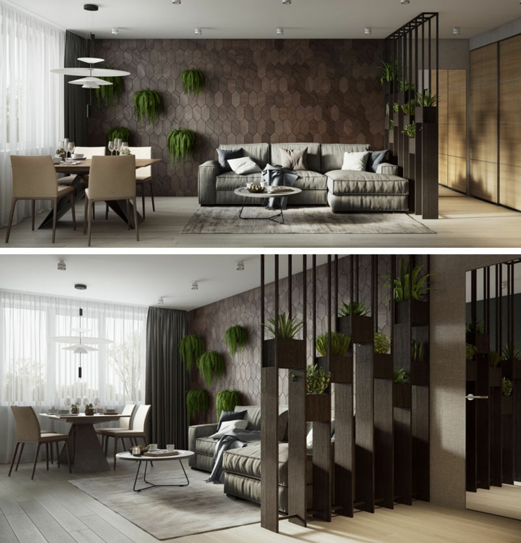 Diseño de sala de estar con pared de acento decorada con plantas