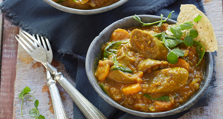 Curry de lentejas picante sin carne con salchicha