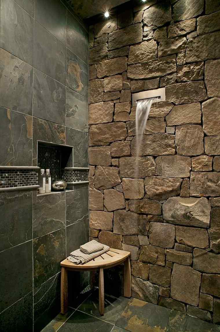 cuarto de baño con pared de acento de piedra