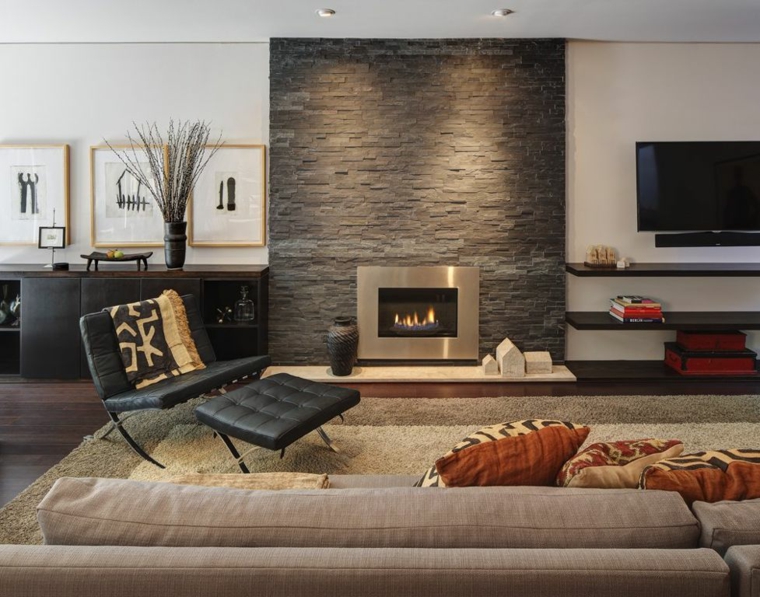 Living room with stone accent wall