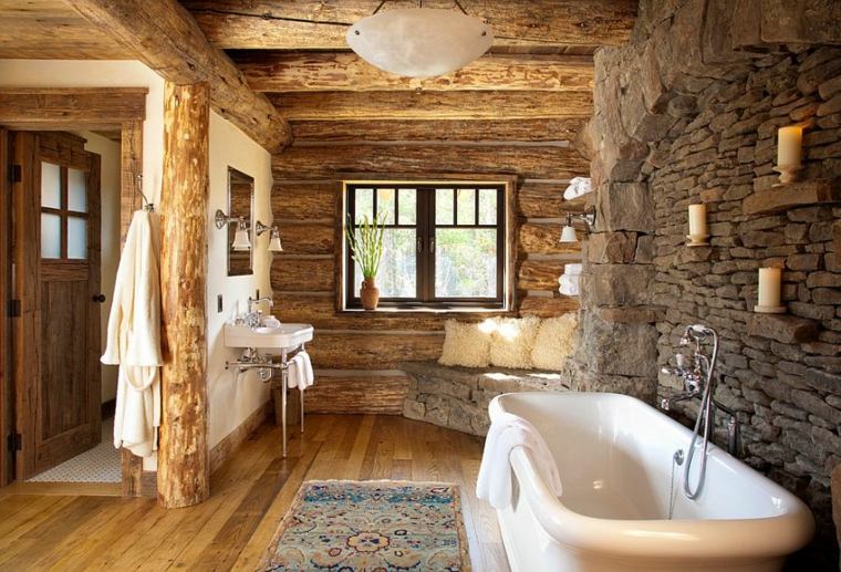 baño piedra y madera