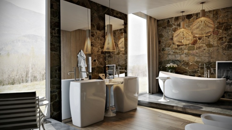 baño con pared de piedra 