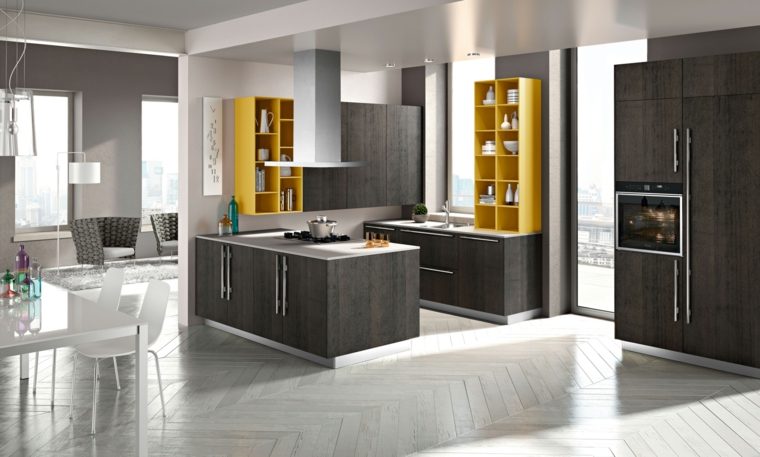 decoración moderna-cocina-estanterias-color-amarillo