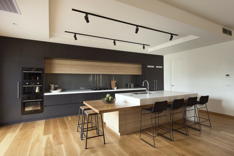 diseños de cocinas modernas negro-madera