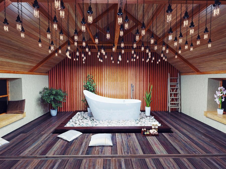 elegantes-lamparas-madera-techo