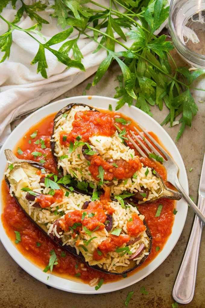 comida-vegana-berenjena-ideas-arroz-tomates-salsa