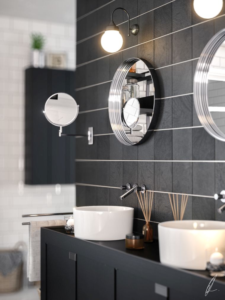diseños de cuartos de baño-color-baldosas-negras