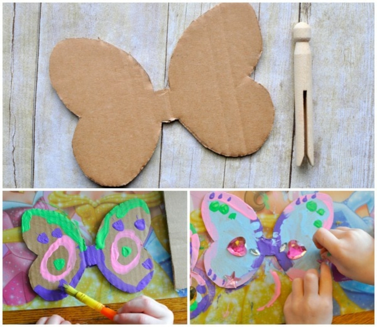 Hacer mariposa con carton y pinza de madera