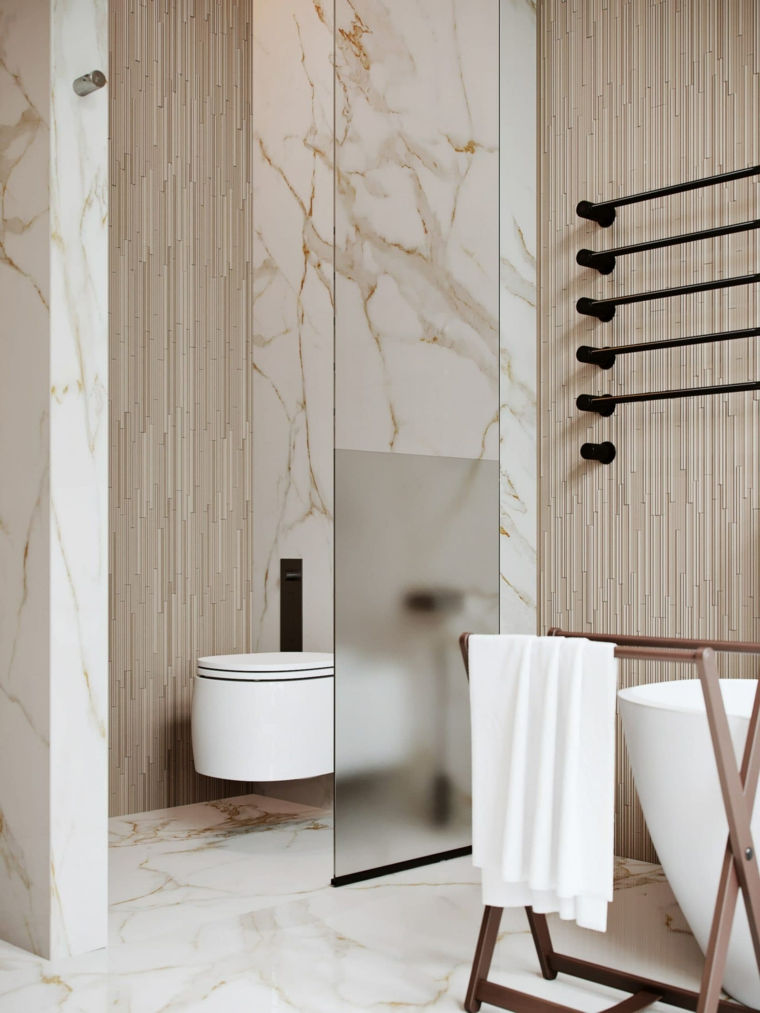 Diseños de cuartos de baño con madera y mármol 