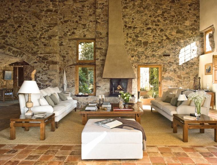 sala de estar con paredes de piedra