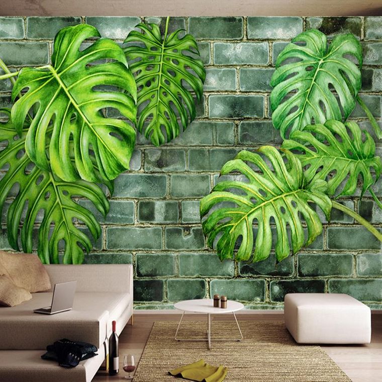 Decoración de interiores con hermosas hojas verdes