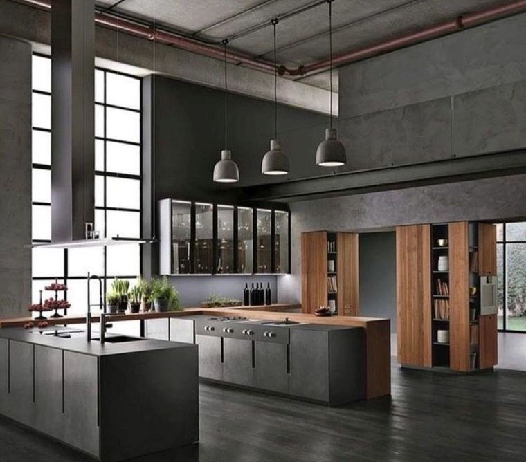 cocinas con estilo diseño industrial piso oscuro