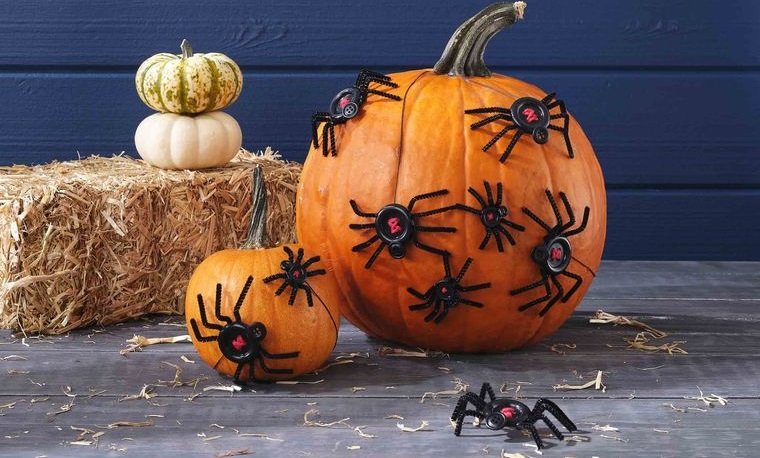 decoración de halloween calabazas con arañas de boton