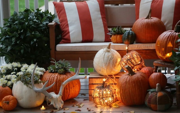 decoración otoño con diferentes calabazas en exteriores