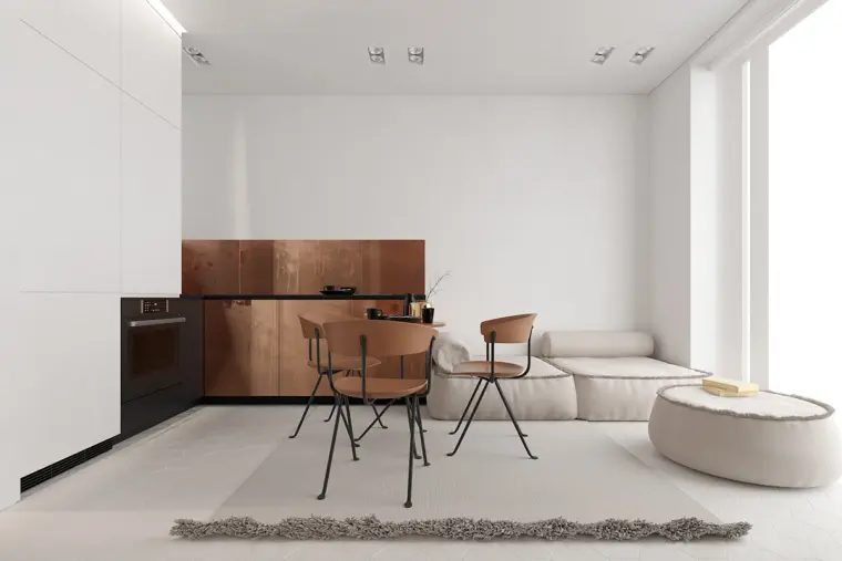 cocina son salpicadero de cobre y diseño minimalista del interior