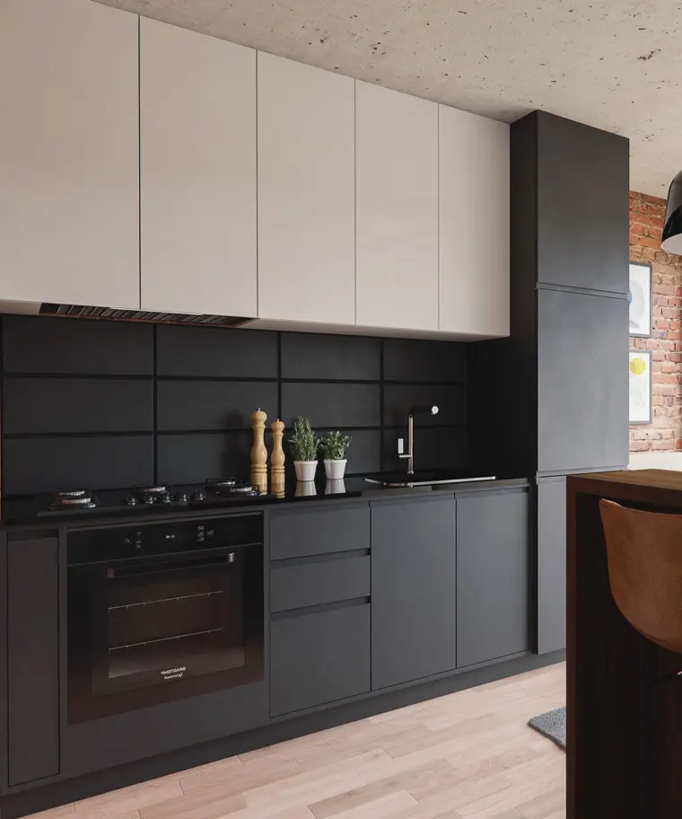 kitchen with black and white design