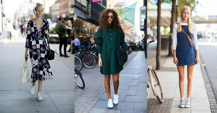 latest street fashion trends: dresses with sneakers