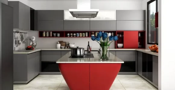 cocina con muebles negros y rojos
