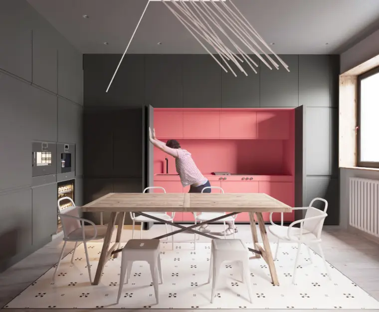 muebles de cocina en rosa y negro