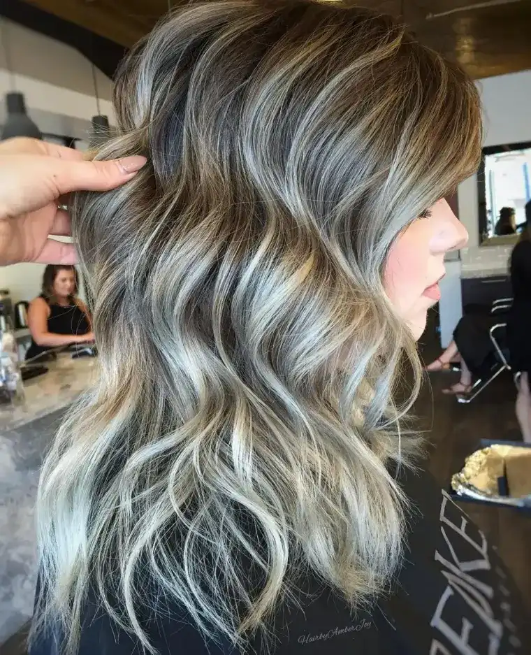 Brown hair with silver gray balayage